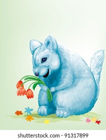 dear blue mouse with red flowers
