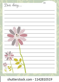 Dear diary page with flowers. Style personal diary page.