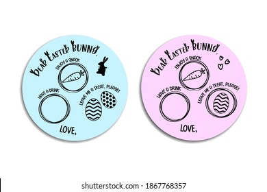 Dear Easter Bunny plate set. Treats for the Easter Bunny concept. Place for carrots, eggs, drink on easter tray. Template for crafting projects. Use for stamp, stickers, poster, banner, postcard.