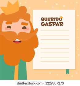 Dear king Caspar written in spanish. Vectorized letter on a yellow background. Wise man