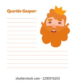 Dear king Caspar written in spanish. Vectorized letter on a white background. Wise man