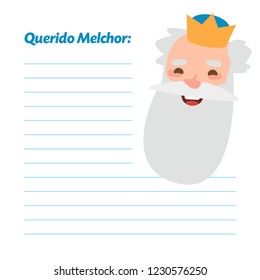 Dear King Melchior written in spanish. Vectorized letter on a white background. Wise man