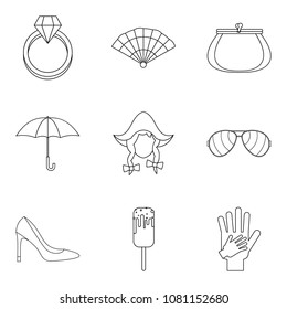 Dear lady icons set. Outline set of 9 dear lady vector icons for web isolated on white background
