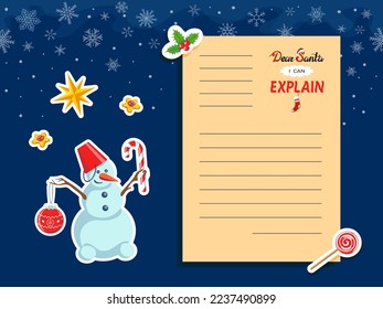 Dear Santa, I Can Explain - letter template, humorous innocent excuse of naughty behavior. Stamp phrase on ruled paper. Cute cartoon Christmas stickers. Snowflake seamless background