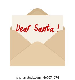 Dear Santa card in brown envelope. The letter pulled out from an envelope. Isolated on white background