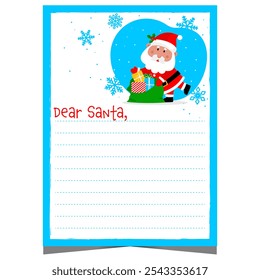 Querida carta de Navidad de Santa Claus con un lindo personaje de Santa Claus preparando una bolsa de regalos. Plantilla en blanco con decoración de copos de nieve y líneas vacías para rellenar con la lista de deseos de los niños durante las vacaciones.