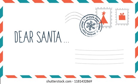 Dear Santa Christmas Letter In Envelope With Stamp. Holiday Child Wish List For Santa Claus. Blank Postcard. Flat Vector Illustration