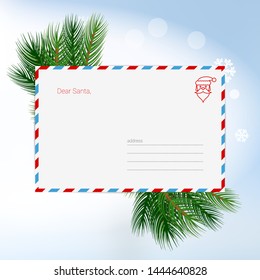 Dear Santa Christmas Letter in Envelope, Christmas Background. Child Wish List for Santa Claus. Blank Postcard. Vector Illustration.