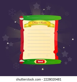 Dear Santa Christmas Letter Scroll Page UI Pop Up Icon Reward Green Notepad Yellow Ribbon Magic Shine Buttons Cartoon Cute Vector Design