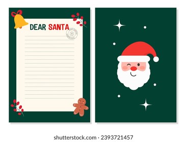 Estimada plantilla de cartas de Navidad. Tarjeta de saludo de vacaciones y lista de deseos.  Divertido estilo de dibujos animados de Santa con elementos de vacaciones. Ilustración vectorial.