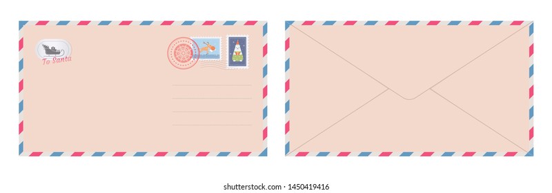 Dear santa claus letter in envelope.  Christmas letter for Santa.  Blank postcard. Flat vector illustration