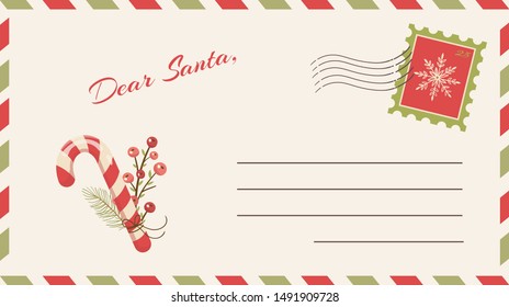 Dear Santa Claus Letter. Postcard with stamps and mark.