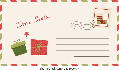 Dear Santa Claus Letter. Postcard with stamps and mark.