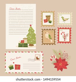 Dear Santa Claus Letter. Postcard with stamps and mark.