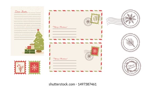 Dear Santa Claus Letter. Postcard with stamps and mark.