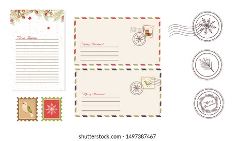 Dear Santa Claus Letter. Postcard with stamps and mark.