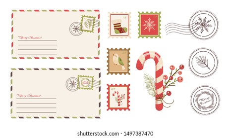 Dear Santa Claus Letter. Postcard with stamps and mark.