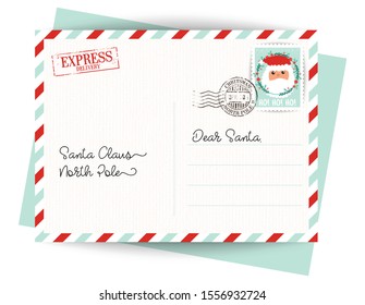 Dear Santa Claus Letter. Postcard With Stamps And Mark