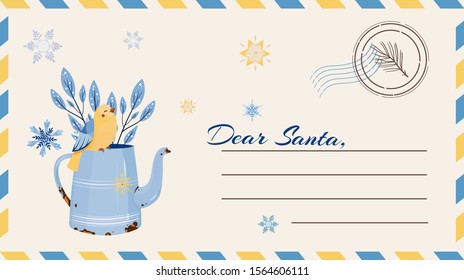 Dear Santa Claus Letter. Postcard with stamps and mark.