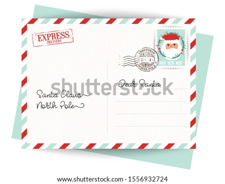 Dear Santa Claus Letter. Postcard with stamps and mark