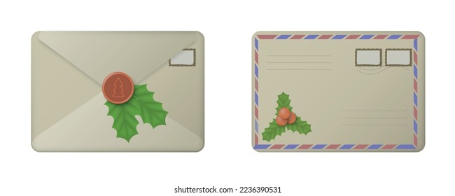 Dear santa claus mail envelopes set. Two Christmas surprise letter, child postcard with north pole postmark cachet.