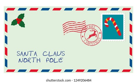dear santa, envelope with stamp. letter of desires. flat vector illustration