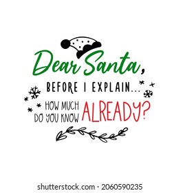 Dear Santa, how much do you know already. Christmas funny quote. Vector card with cute text. Doodle style. Typography about Santa. Isolated on white background. 