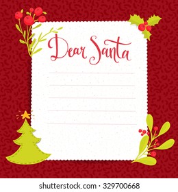 Dear Santa - letter to Santa Claus with copyspace at decorated Christmas background. Vector wishlist design layout. 