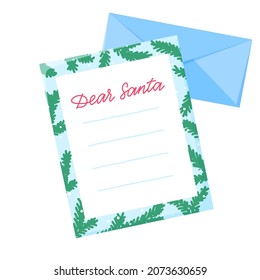 Dear Santa Letter To Santa Claus With Envelope. Winter Holiday Wish List. Christmas Wishes. Flat Design, Vector Illustration