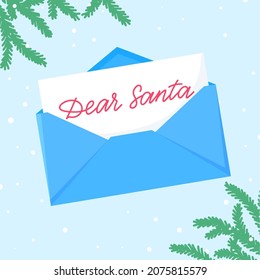 Dear Santa letter to Santa Claus in envelope. Winter holiday or Christmas wishes. Flat design, vector illustration