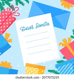 Dear Santa Letter To Santa Claus With Envelope. Winter Holiday Wish List. Christmas Gifts. Flat Design, Vector Illustration