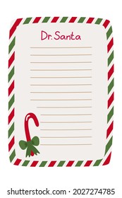Dear Santa, a letter form in a red and green frame with a candy cane. Vector illustration in a hand-drawn style, isolated.