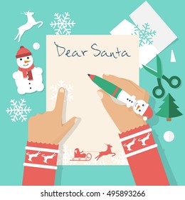 Dear Santa Letter. Girl Writing Letter To Santa Claus On Christmas. Applique Christmas On Background. Space For Text. Vector Illustration Flat Design.