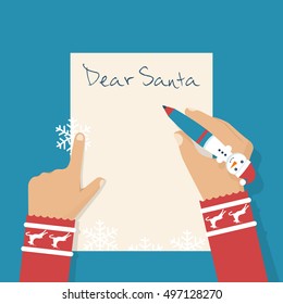 Dear Santa letter. Girl writing letter to Santa Claus on Christmas. Wish on holiday. Children's pen in the hands of a child writing a letter. Space for text. Vector illustration flat design.