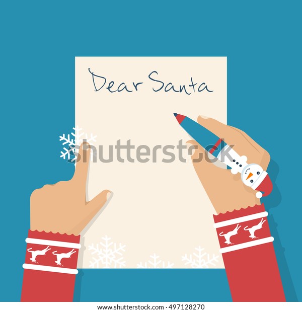 サンタ様の手紙 クリスマスにサンタに手紙を書く女の子 祝祭日に祈る 手紙を書く子どもの手に描いた子どものペン テキストのスペース ベクターイラストフラットデザイン のベクター画像素材 ロイヤリティフリー
