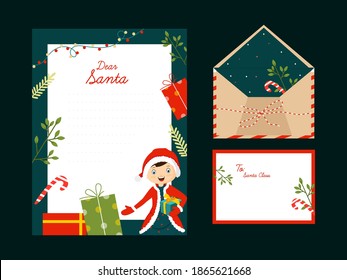 Dear Santa Letter Or Greeting Card With Space For Text And Double-Sides Envelope Present.