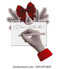 Dear Santa letter halftone collage concept. Girl writing letter to Santa Claus on Christmas. Applique Christmas on background. Vector illustration retro monochrome design.