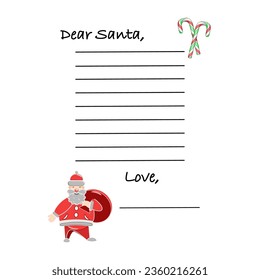 Dear Santa letter template with Santa Claus and candy canes vector illustration 