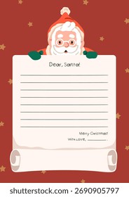 Querida Plantilla de letras de Papá Noel con líneas vacías. Navidades correo de vacaciones, fondo de Vertical, diseño de tarjeta. Papel en blanco para Navidad, marco de la estrella. Formulario de invierno estacional para llenar. Ilustración vectorial plana