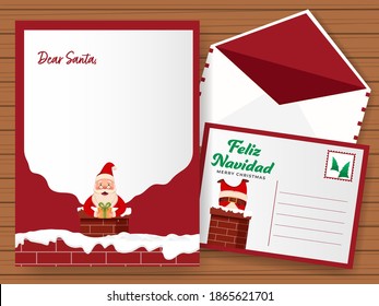 Dear Santa Letter Or Wishing Card With Double-Sides Envelope In Red And White Color.