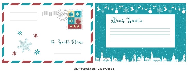 Dear Santa. New Year and Christmas letter to Santa Claus, post card and envelope with stamp. Vector illustration.