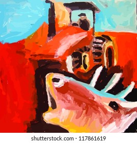 dear and tractor, painting