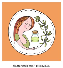 Dear woman, a jar of aromatic oil and a sprig of plants. Natural cosmetics, aromatic oils. Healthy lifestyle. Environmentally friendly bio cosmetics. Vector emblem.