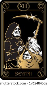 Death. The 13th card of Major arcana black and gold tarot cards. Tarot deck. Vector hand drawn illustration with skulls, occult, mystical and esoteric symbols.