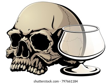 Death from alcohol. A human skull and an empty glass. The symbol of the fight against alcoholism.