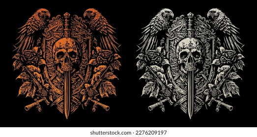 Death angel with eagle and a skull with a sword and a skull with a sword on it and flower