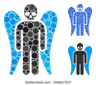 Death angel mosaic of circle elements in variable sizes and shades, based on death angel icon. Vector circle elements are grouped into blue mosaic. Dotted death angel icon in usual and blue versions.