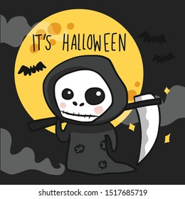 The death angel with scythe Halloween with full moon cartoon doodle vector illustration