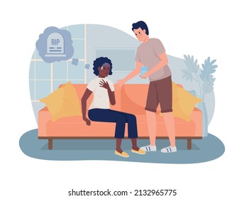 Death anxiety 2D vector isolated illustration. Woman had panic attack flat characters on cartoon background. Man reassures colourful scene for mobile, website, presentation. Bebas Neue font used