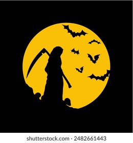 Death and bats on the background of the moon, Halloween - vector illustration	